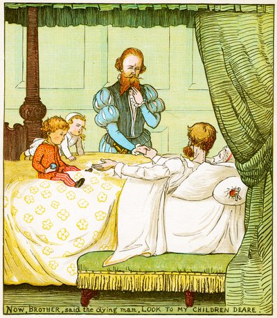 "Nyt, veli, sanoi kuoleva mies, katso rakkaat lapsiani", kuva Babes in the woodissa tekijältä Randolph Caldecott