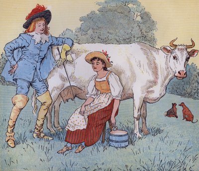 Menenkö naimisiin kanssasi, kaunis piikani? Randolph Caldecottin kuvitus Nursery Rhymelle "The Milkmaid". tekijältä Randolph Caldecott