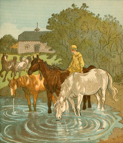Farmers Boy juottaa hevosia, c1881. tekijältä Randolph Caldecott