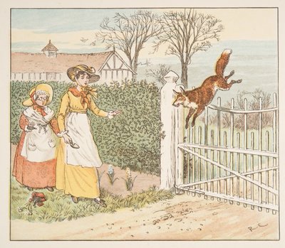 Kettu hyppää Parsonin portin yli, The Hey Diddle Diddle Picture Book, pub.1882 (värikaiverrus) tekijältä Randolph Caldecott