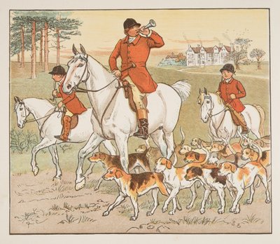 The Huntsman Blows his Horn, The Hey Diddle Diddle Picture Book, pub.1882 (värikaiverrus) tekijältä Randolph Caldecott
