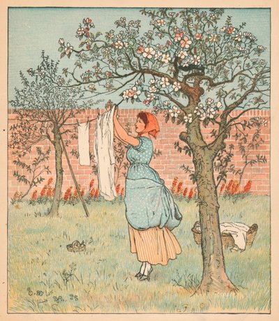 Maid oli puutarhassa, ripustamassa vaatteita, 1880. tekijältä Randolph Caldecott