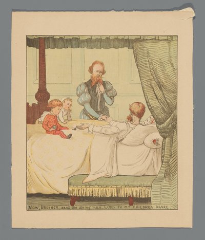 Zwei Kinder und ein Mann an einem Krankenbett tekijältä Randolph Caldecott