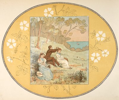 Kaksi naista ja mies istuvat aukiolla lähellä rannikkoa. Kukkareunus. tekijältä Randolph Caldecott