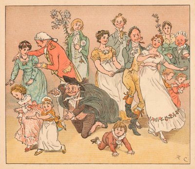 ...ja he kaikki ryntäsivät pelaamaan "saappaa niin saa" -peliä..., c1885, 1934. tekijältä Randolph Caldecott