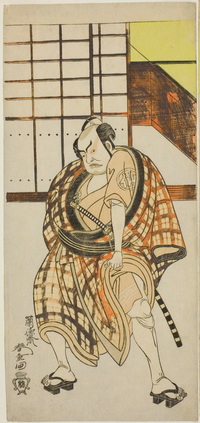 Näyttelijä Nakamura Sukegoro II Sasano Sangobein roolissa näytelmän Iro Moyo Aoyagi Soga (Eroottisen suunnittelun Green Willow Soga) toisessa osassa, esitettiin Nakamura-teatterissa toisena kuukautena, 1775 tekijältä Rantokusai Shundo