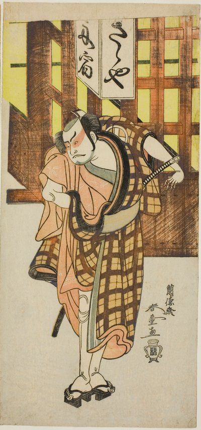 Näyttelijä Otani Hiroji III Satsuma Gengobein roolissa näytelmän Iro Moyo Aoyagi Soga (Eroottisen suunnittelun Green Willow Soga) toisessa osassa, esitettiin Nakamura-teatterissa toisena kuukautena, 1775 tekijältä Rantokusai Shundo
