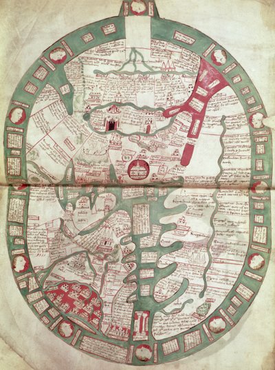 Roy.Ms.14 C. f.1 1v-2r maailmankartta, jossa Jerusalem keskustana, Polychronicon, n.1380 (vellum) tekijältä Ranulf Higden