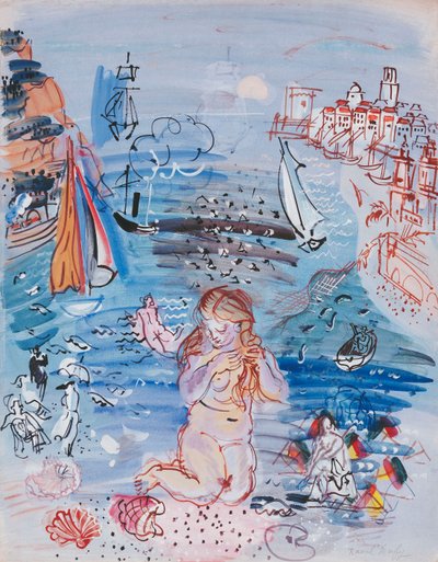 Amphitrite Marseillen satamassa; Amphitrite dans le Port de Marseille, n.1927-30 (vesiväri ja guassi paperille, paksulle kartongille kiinnitettynä). tekijältä Raoul Dufy