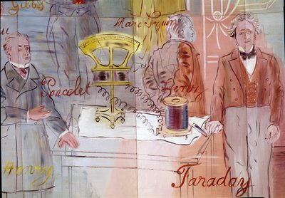 La Fee Electricite, yksityiskohta: Seguin, Michael Faraday: muotokuvat Jean Victor Poncelet, Marc Seguin, Michael Faraday. 1937 (maalaus) tekijältä Raoul Dufy