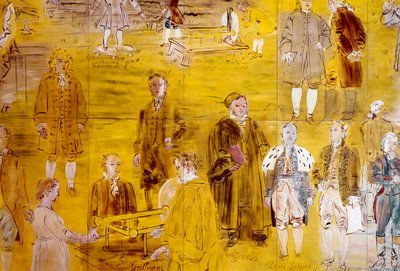 La Fee Electricite, yksityiskohta: Muotokuvat eri tiedemiehistä: Le Monnier, Franz Aepinus, Denis Papin, Joseph Priestley, Luigi Galvani, Carl Friedrich Gauss, Simeon-Denis Poisson, Pierre Simon de Laplace ja Charles de Coulomb. 1937 (maali tekijältä Raoul Dufy