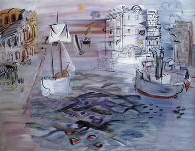 Satama ja purjevene, kunnianosoitus Claude Lorrainille, noin 1935 (öljy kankaalle). tekijältä Raoul Dufy