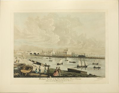 Michigan Avenue Madison Streetin juurella Chicagossa, näkymä Illinoisin keskusasemalle vuonna 1864 tekijältä Raoul Varin