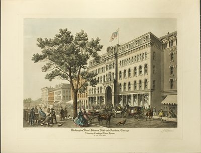 Washington-katu Staten ja Dearbornin välissä Chicagossa, jossa näkyy Crosbyn oopperatalo vuonna 1864. tekijältä Raoul Varin