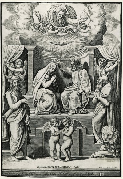 Neitsyen kruunaus Pyhän Johannes Kastajan ja Pyhän Hieromuksen läsnäollessa tekijältä Raphael (1483 1520) (after)