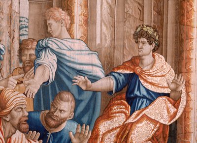 Flanderin kuvakudos. Sarja Apostolien teot. Elymas löi sokeaksi (La ceguera de Elymas). Seitsemäs kuvakudos sarjassa. Rafael Sanzion mallisarjakuva. 1519. Valmistus Jan Raes II, Bryssel. Noin 1605-1629. Kangas Silkki ja villa. Koko 534 x 783 cm. Locat tekijältä Raphael