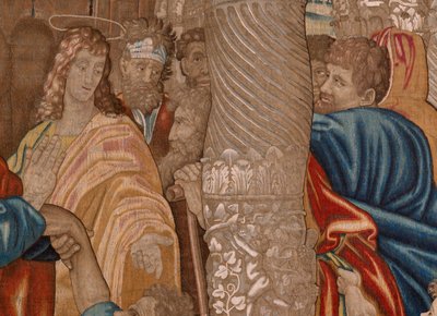Flanderin kuvakudos. Sarja Apostolien teot. Ontuvan miehen ihme (El milagro del paralítico). Sarjan kolmas kuvakudos. Rafael Sanzion mallisarjakuva. 1519. Valmistus Jan Raes II, Bryssel. Ca1605-1629. Kangas Silkki ja villa. Koko 524x400 tekijältä Raphael