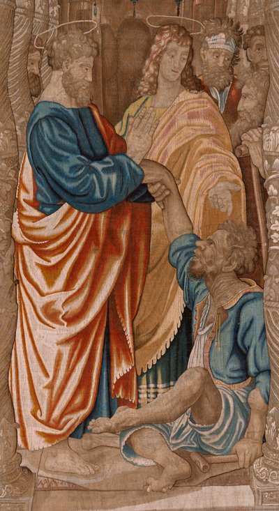 Flanderin kuvakudos. Sarja Apostolien teot. Ontuvan miehen ihme (El milagro del paralítico). Sarjan kolmas kuvakudos. Rafael Sanzion mallisarjakuva. 1519. Valmistus Jan Raes II, Bryssel. Ca1605-1629. Kangas Silkki ja villa. Koko 524x400 tekijältä Raphael