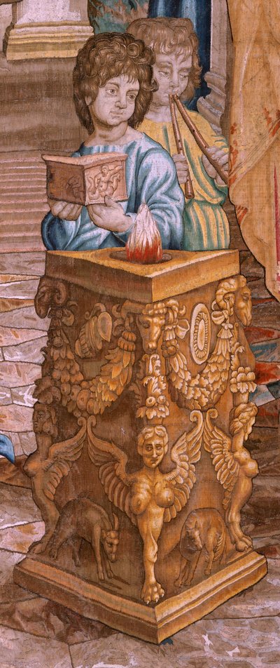 Flanderin kuvakudos. Sarja Apostolien teot. Saint Paul ja Saint Barnabas Lystrassa (San Pablo y San Bernabé en Lystra). Sarjan 8. kangas, se jaettiin kahteen osaan mukauttaakseen sen huoneeseen. Rafael Sanzion mallisarjakuva. 1519. Valmistus Jan Raes tekijältä Raphael