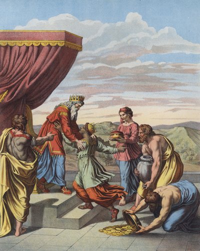 Kuningas Salomo vastaanottaa Saban kuningattaren (väri litho) tekijältä after Raphael