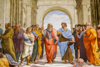 Ateenan koulu, yksityiskohta. Platon ja Aristoteles. 1509 (fresko) tekijältä Raphael