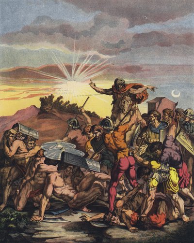 Joosua käski auringon pysähtyä Gibeonin taistelussa israelilaisten Kanaanin valloituksen aikana (väri litho) tekijältä after Raphael