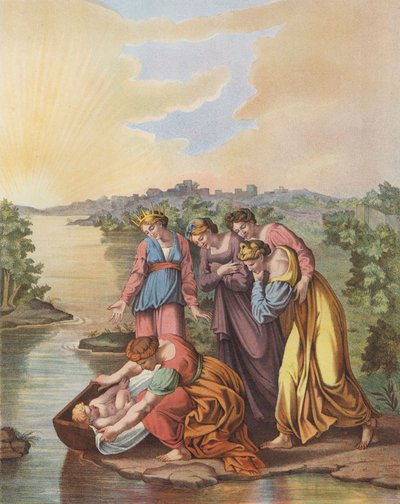 Mooses pelastetaan Niilin vesistä (väri litho) tekijältä after Raphael