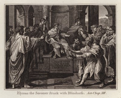 Rafael-sarjakuva: Elymas the Sorcerer Struck with Blindness, Acts, Kappale XIII (kaiverrus) tekijältä after Raphael