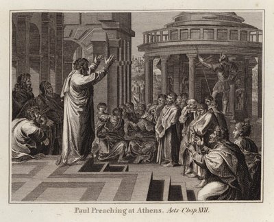 Rafael-sarjakuva: Paavali saarnaa Ateenassa, Apostolien teot, luku XVII (kaiverrus) tekijältä after Raphael
