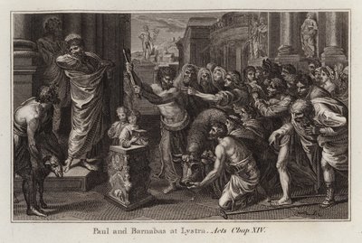 Rafael-sarjakuva: Paavali ja Barnabas Lystrassa, Apostolien teot, luku XIV (kaiverrus) tekijältä after Raphael