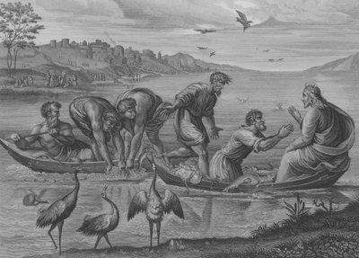Kalojen ihmeellinen luonnos, Pyhä Luukas 5, säkeet 1-12 (kaiverrus) tekijältä after Raphael