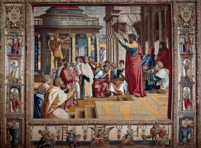 Apostoli pyhä Paavali saarnaa Athenes Tapestryn aeropagessa Raffaello Sanzio dit Raphaelin (1483-1520), 1500-luvun alun pahvimaalauksen jälkeen. 4,95x6,45 m Mantova, herttuan palatsi (Mantua) tekijältä after Raphael