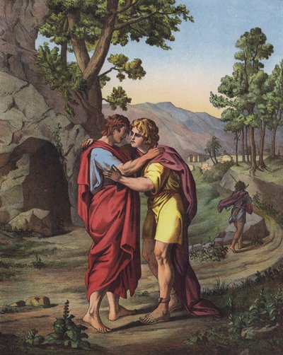 Daavidin ja Joonatanin viimeinen tapaaminen (värilitho) tekijältä after Raphael