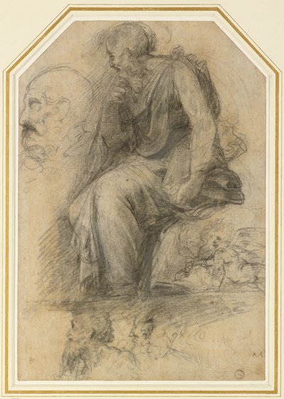 Miespuolinen pyhimys, istuva (St Paul): Study for the Disputa, WA1846.189 (hiili valkoisella korosteella) tekijältä Raphael