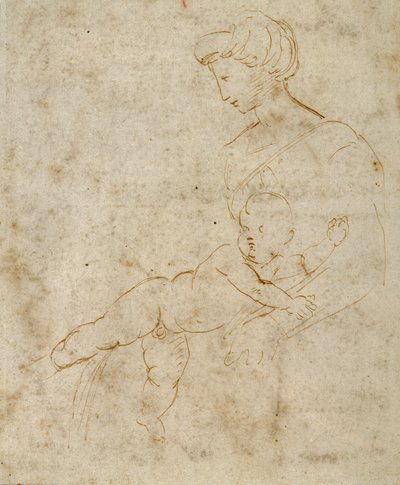 Madonna ja lapsi, n. 1505 (kynä ja ruskea muste paperille) tekijältä Raphael