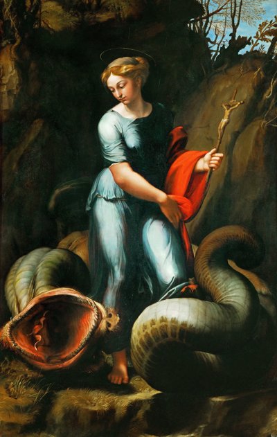 Pisidian Antiokian Margaret (tai Saint Marine, Marina) (kuoli noin 305) - Pyhä Margareta - Rafael (Raffaello Sanzio da Urbino) (1483-1520). Öljy puulle, n. 1518. Koko: 191,3x123 cm. Taidehistoriallinen museo, Wien tekijältä Raphael