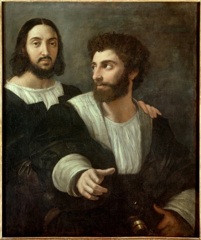 Muotokuva taiteilijasta ystävän kanssa. Raffaello Sanzio dit Raphael (1483-1520) tekijältä Raphael