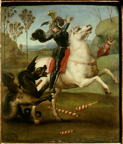 Pyhä Yrjö taistelee lohikäärmeen kanssa Rafael (1483-1520/italia) Öljy puulevylle - "" Saint Georges kamppailee lohikäärmeen kanssa""" Raffaello Sanzion (Rafael) maalaus (1483-1520) 1505 Su. 0,29x0,25 m tekijältä Raphael