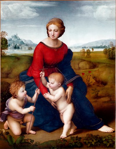 Neitsyt preerialla tai Belvederen Madonna Rafaelin maalaus (Raffaello Sanzio 1483-1520) 1506 su. 113 x 88 cm Wienin taidehistoriallinen museo tekijältä Raphael