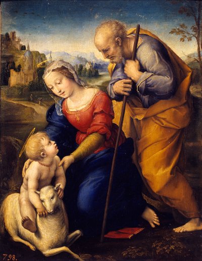 Pyhällä perheellä on lammas. Raffaello Sanzio dit Raphaelin (1483-1520) maalaus tekijältä Raphael