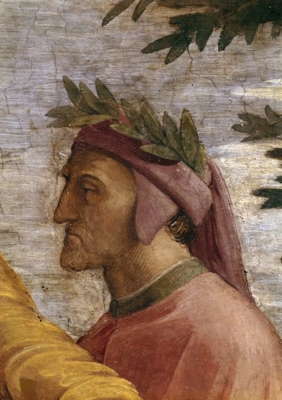 Kiista. Yksityiskohta: Dante Alighieri -fresco Stanza della Segnaturassa, noin 1510-1511. tekijältä Raphael
