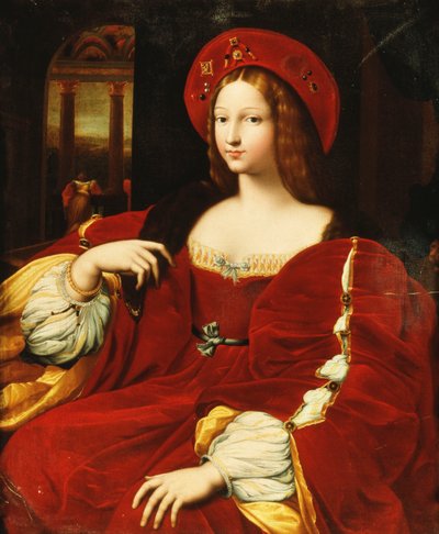 Muotokuva Giovanna of Aragonista, istuu kolme neljäsosaa pituudeltaan, kammiossaan, tekijältä Raphael