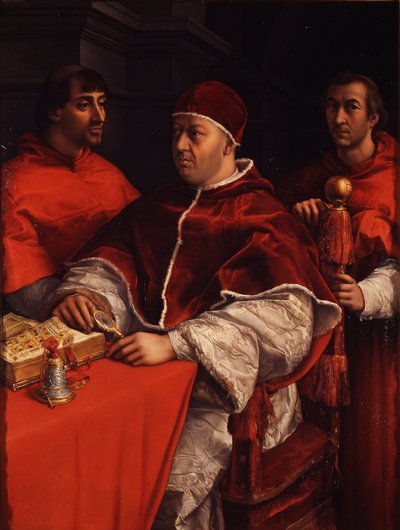 Paavi Leo X:n muotokuva kardinaalien Giulio de Medicin ja Luigi de Rossin kanssa, noin 1518 tekijältä Raffaello Sanzio Raphael