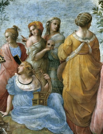 Parnassus. Yksityiskohta. Fresko Stanza della Segnaturassa, noin 1510-1511. tekijältä Raphael