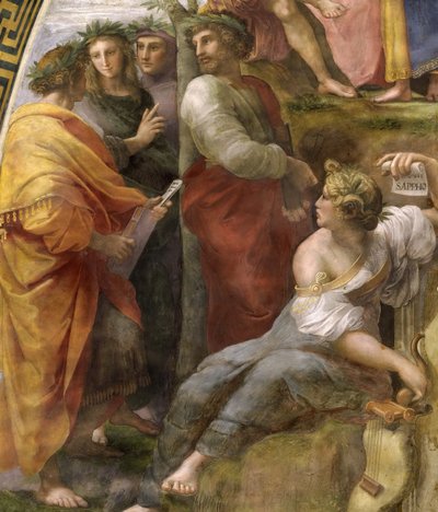 Parnassus. Yksityiskohta. Fresko Stanza della Segnaturassa, noin 1510-1511. tekijältä Raphael