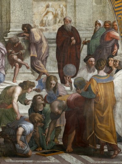 Ateenan koulu. Yksityiskohta. Fresko Stanza della Segnaturassa, noin 1510-1511. tekijältä Raphael
