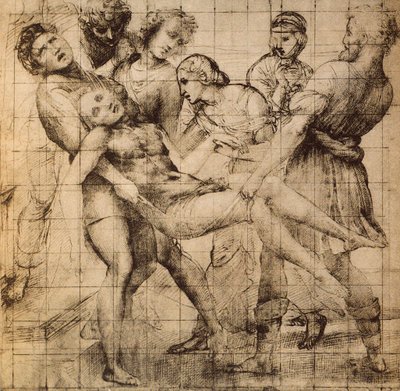 Valmisteleva piirustus Kuolleen Kristuksen kuljetusta varten, joka tunnetaan myös nimellä pala Baglioni; Rafaelin työ. Piirustusten ja tulosteiden kaappi, Uffizi, Firenze tekijältä Raffaello Sanzio Raphael