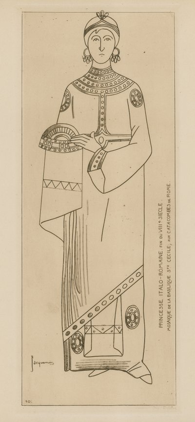 Italialais-roomalainen prinsessa. Kahdeksannen vuosisadan loppu. Pyhän Cecilian basilikan mosaiikki Rooman katakombeissa. tekijältä Raphael Jacquemin