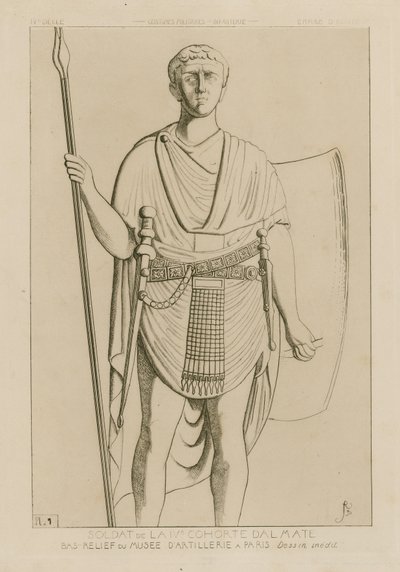 IV dalmatialaisen kohortin sotilas. Basreliefi Pariisin Tykistömuseossa. Julkaisematon piirustus. Sotilaspuvut - jalkaväki - Läntinen valtakunta. tekijältä Raphael Jacquemin