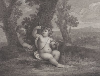 Bacchus-lapsi istuu puun alla, viinilasia ylhäällä, toinen lapsi takana..., 1780 tekijältä Raphael Morghen